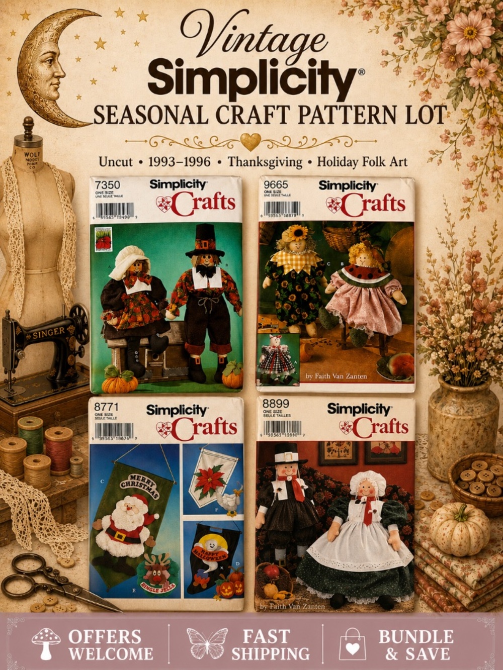 Lot of 4 Vintage Simplicity Crafts Patterns Thanksgiving Holiday Décor